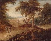 unknow artist A wooded landscape with travellers and a horseman on a track oil painting artist